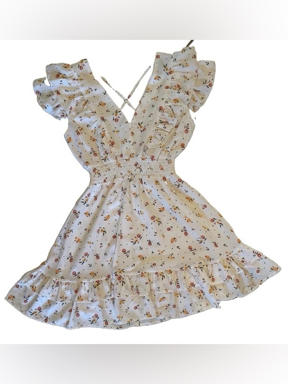 Aqua White Floral Mini Dress with Ruffle Details